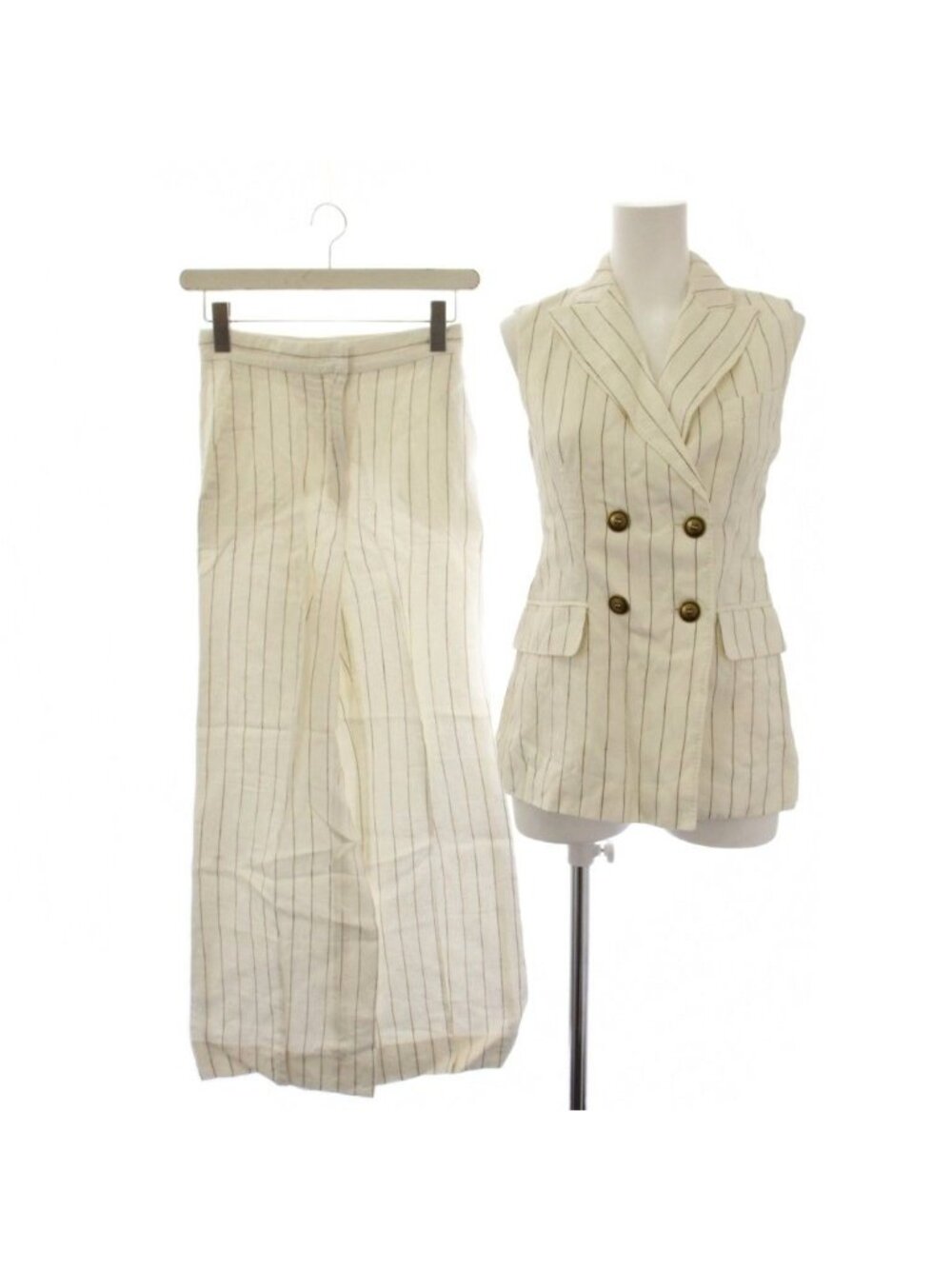 Max Mara Set Vest Trousers Pants Zip Fly Stripe Linen Ivory 34